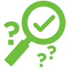Magnifying glass with a checkmark, representing customer support and answers to questions